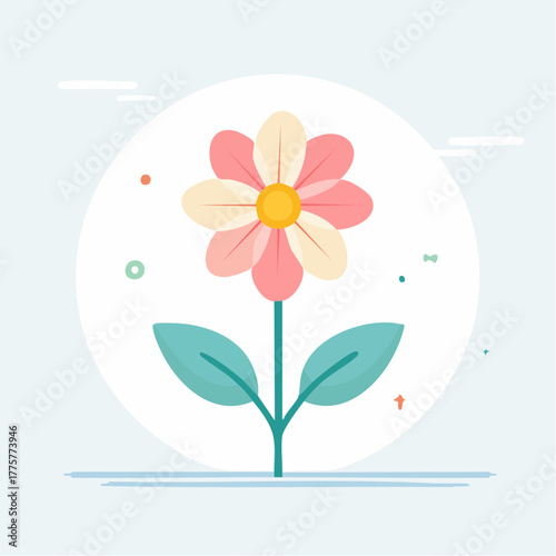 Stylized illustration of a single blooming flower with pink and yellow petals and green leaves on a light blue background with abstract shapes representing clouds