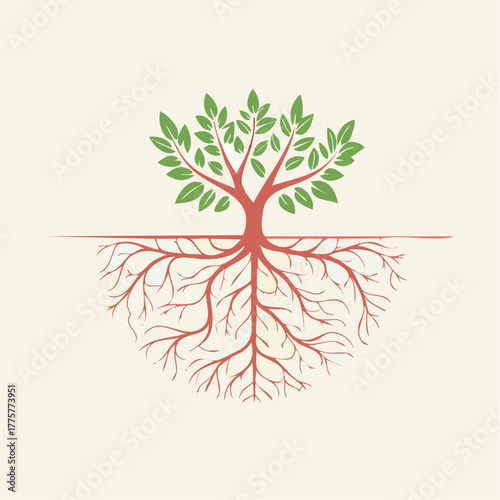 Stylized Tree with Visible Roots Symbolizing Growth and Connection in a Clean Minimalist Design with Green Leaves and Red Roots on a Cream Background