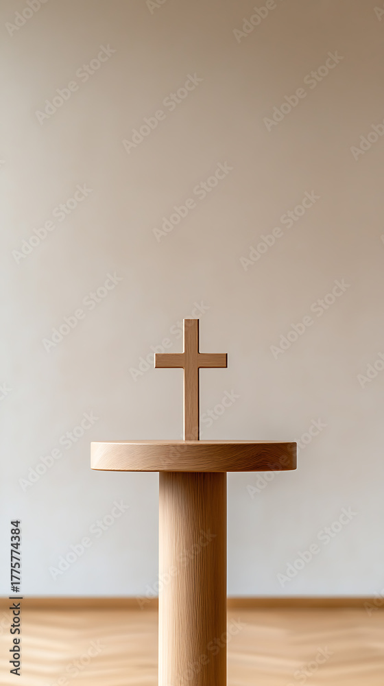 Naklejka premium Minimalist wooden cross on a round wooden table, simple and serene. The backdrop is a clean, neutral wall and a light wood floor, creating a peaceful religious scene.