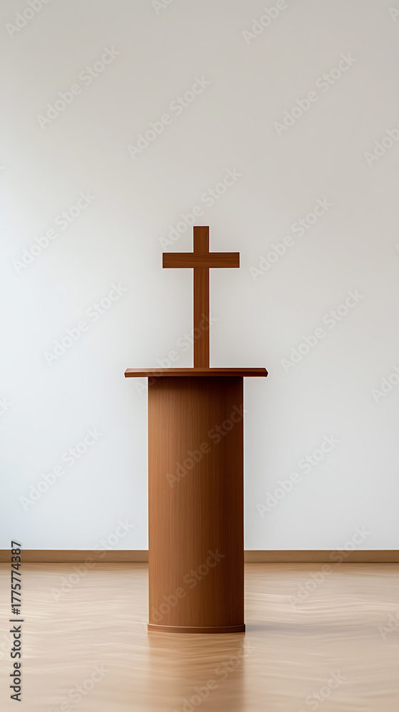 Naklejka premium Simple wooden cross on podium, standing alone in bright church setting. The unadorned space evokes peace, reflection and spiritual contemplation in minimalist style.