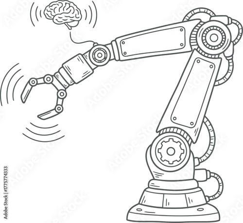Sketch of a robotic arm with a gripper and vibrating lines