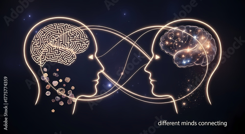 Hand drawn illustrations representing neurodiversity and unique ways of thinking. Abstract brain with colorful exploding patterns, sensory overload (head with too many icons), hyperfocus 