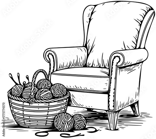 Cozy Knitting Nook Armchair, Yarn Basket, and Knitting Needles Illustration