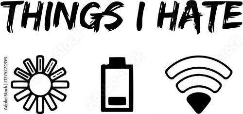 Everyday annoyances and common frustrations depicted by minimalist icons a drained battery, a poor Wi-Fi signal, and an intense sun glare