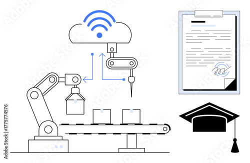 Robotic arm assembling certificates on conveyor, cloud connectivity icon, graduate cap, and document. Ideal for education, automation, digital certification, IoT, robotics technology innovation