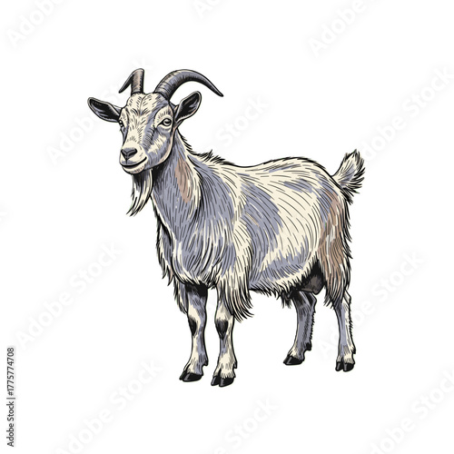 Goat standing with detailed fur illustration on a white background  