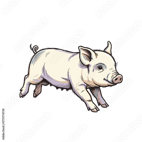 Playful piglet running across white background  