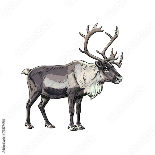 Caribou with antlers standing in a detailed, realistic posture  