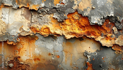 Close up of weathered and rusted metal surface with peeling paint.