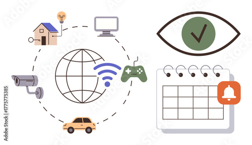 Home, camera, car, controller, and globe linked wirelessly with calendar and security monitoring. Ideal for IoT, automation, security smart living networking convenience efficiency. Simple flat