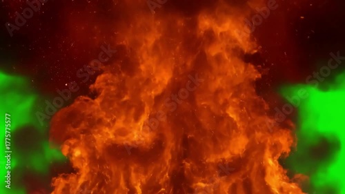 Green Screen 4k animation of an massive explosion on black and or chroma key background close up view fire alpha matte is included scene 3 with distortion, overlay, glitch, static noise, scan lines