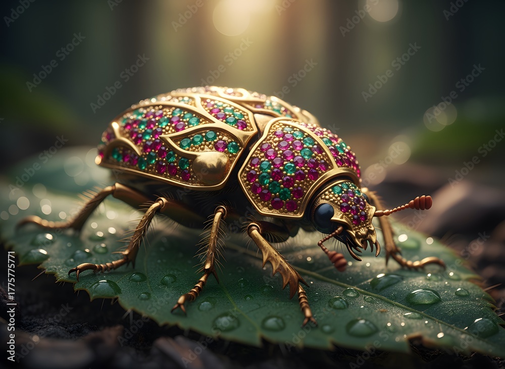 Naklejka premium A Beetle with a Shell Made of Gold and Gemstones