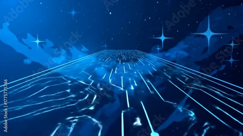 Futuristic digital landscape with glowing circuits and starry background