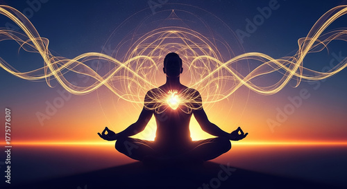 Person meditating with energy flowing from heart chakra
