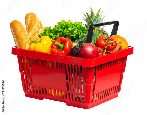 Plastic shopping basket with vegetables isolated on transparent background. 