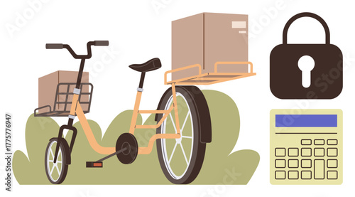 Cargo bike carrying boxes surrounded by a lock and calculator. Ideal for delivery, logistics, eco-transportation, security, e-commerce, finance, business strategy. Simple flat metaphor