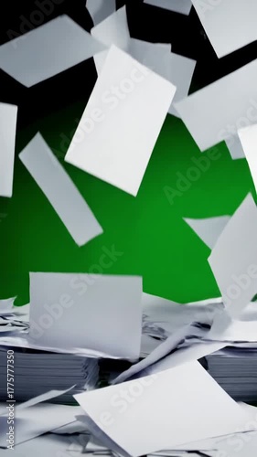 Green Screen drowned in paperwork with too much work filled white pages falling from top at the camera on black and background scene 3 distortion, overlay, glitch, static noise, scan lines background