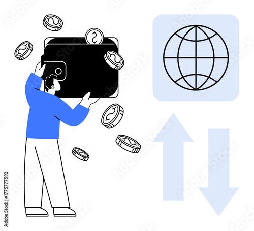 Person holding digital wallet with coins, abstract globe, and exchange arrows. Ideal for finance, e-commerce, global trade, investment, digital currency technology online payments. Simple flat