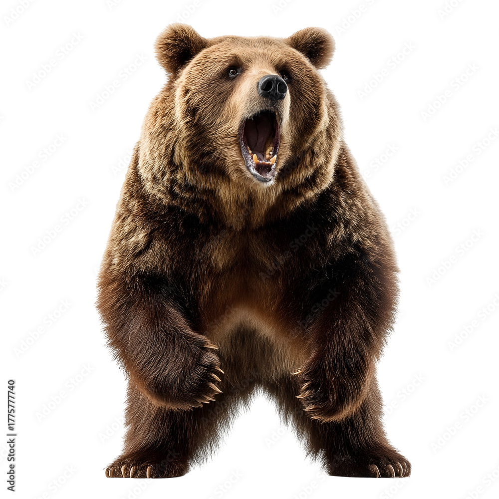 Fototapeta premium A powerful brown bear stands on its hind legs with its mouth open in an aggressive roar against a stark white background