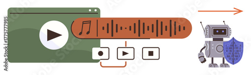 Media player interface, audio waveform, and robot holding security shield. Ideal for streaming technology, audio processing, artificial intelligence, data security, cyber protection, automation