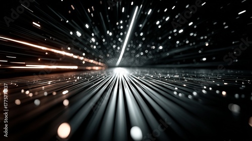 Abstract light streaks and bokeh create a sense of speed and motion.