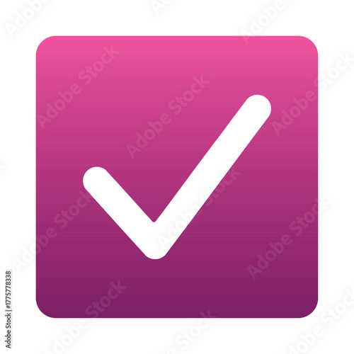 Pink positive vote square button with checkmark accept complete task badge vector illustration. Success confirmation logotype keypad agree approved check mark. Done checkbox. Tick button emoji icon.