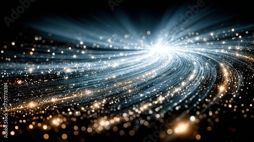 Abstract light trails and particles flow against a dark background creating a dynamic effect.