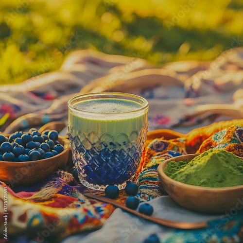 Blueberry matcha latte on blanket, wild berries and green tea powder, fusion superfood drink for outdoor summer picnic