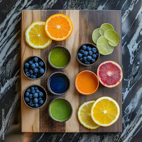 Assorted matcha powders and drinks, vibrant green, blue and orange varieties with fresh blueberries and citrus fruits, healthy tea set on wooden board
