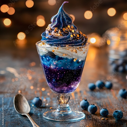 Galaxy swirl blueberry sundae with cosmic whipped cream, golden sprinkles and blueberries in glass, fantasy dessert, festive evening table