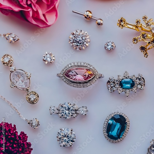 Elegant jewel collection with diamonds, pink and blue sapphires, gold and silver rings and earrings on blush, luxury accessories flat lay