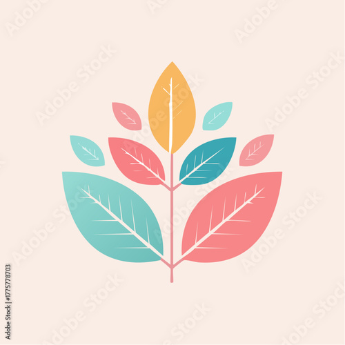 Stylized illustration of a blooming plant with large leaves in pastel teal pink and yellow on a soft cream background