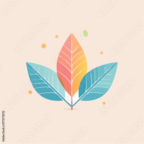 Delicate Illustration of Three Stylized Leaves in Pastel Colors Against a Soft Peach Background with Subtle Sparkles