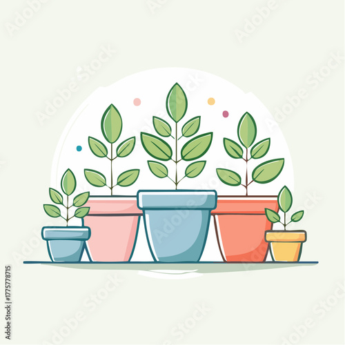 Group Of Potted Plants With Green Leaves Growing In Pastel Colored Pots With Light Green Background And Colorful Dots