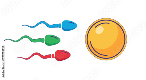 Colorful illustration depicting sperm cells approaching an egg cell on purple