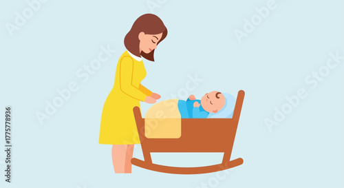 A loving mother gently watches over her peacefully sleeping baby