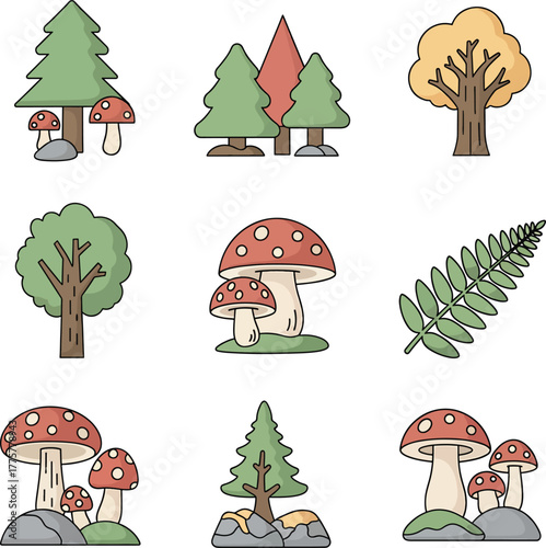 Autumn-themed vector icon set featuring trees and mushrooms in EPS format with a mix of colorful illustrations on a white background.
