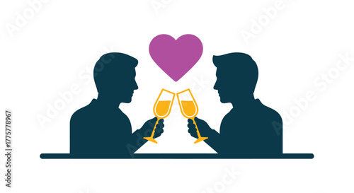 Two silhouettes toasting with champagne glasses a heart between them