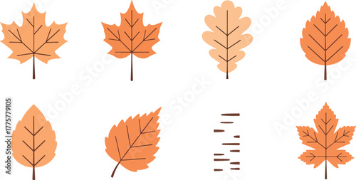 Autumn-themed vector icon set in EPS format featuring various orange leaves and dashes on a white background with a flat design style.