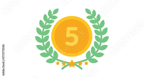 Golden award medal with a number five and laurel wreath design