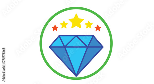 A vibrant design featuring a blue diamond with surrounding stars and a green oval