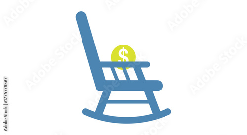 A blue rocking chair with a falling golden coin above it