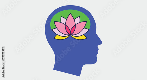 A human head silhouette containing a blooming pink lotus flower image