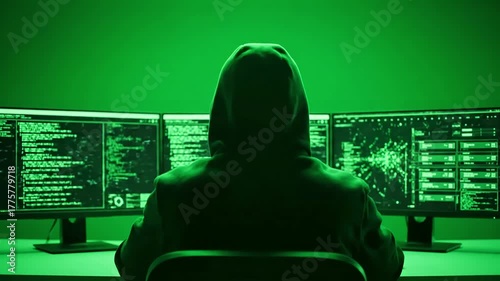 Green Screen rear view of hooded anonymous scammer hacker at table with chromakey multiple display during an attack on credit cards big data servers the network scene 3 distortion, overlay, glitch
