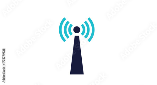 Simple graphic illustration of a dark blue wireless signal tower on teal