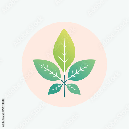 Stylized green leaf with gradient colors and vein details centered within a soft peach circular background representing nature and growth