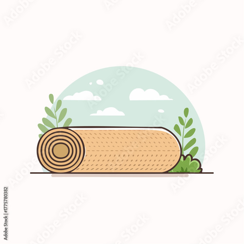 Rolled Up Yoga Mat Outdoors with Green Plants and Soft Clouds in a Pastel Sky Background