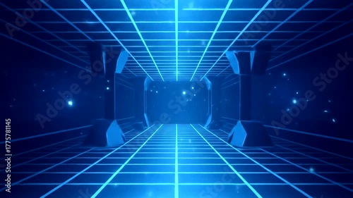 Futuristic digital landscape with glowing grid and cosmic elements