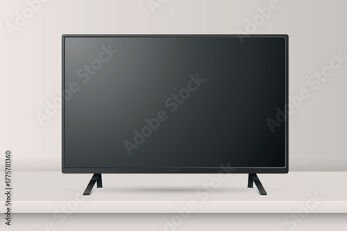 Vector 3d Realistic Monitor or TV on Desk. Front View Minimal Display. Blank Black Screen, Monitor Mockup. Clean TV Screen, LCD LED Display Design Template, Front View
