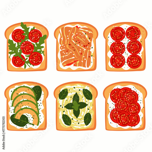 A colorful vector illustration showcasing a variety of delicious and healthy toast toppings, perfect for breakfast, brunch, or a light meal, with vibrant colors.
